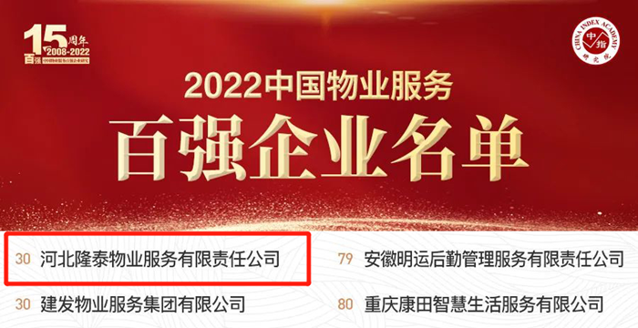榮耀再續(xù) | 隆泰物業(yè)榮膺“中國(guó)物業(yè)服務(wù)百?gòu)?qiáng)企業(yè)”第30位！(圖2)